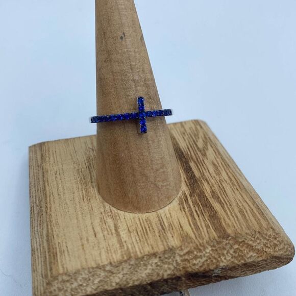 Blue Sapphire Cz Sterling Silver Sideways Cross Ring Size 7 - Picture 3 of 14